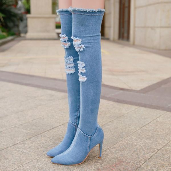 

boots 2021 women denim over the knee 10cm high heels ripped jeans fetish long tight stiletto stripper cowboy shoes, Black