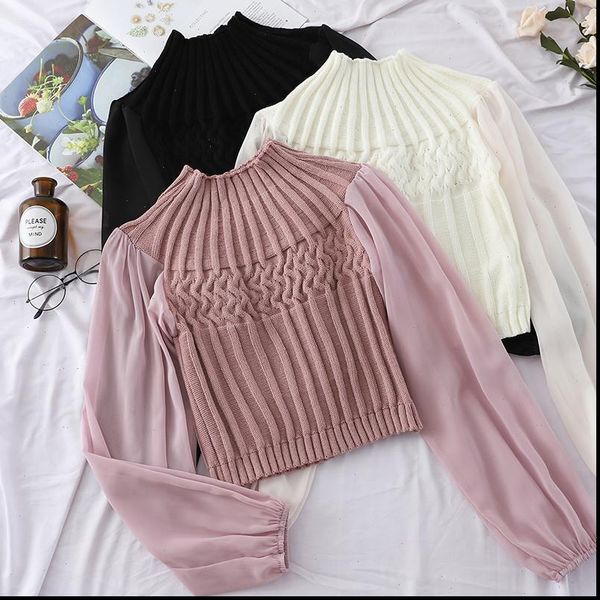 

autumn womens sweaters women turtleneck knitted pullovers chiffon patchwork sweater ladies bottoming lantern sleeve knitwear short ab1135, White;black