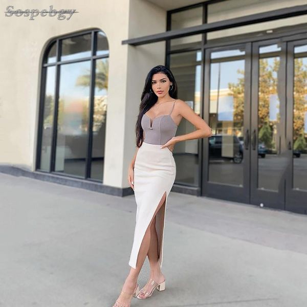 

casual dresses summer spaghetti belt patchwork bodycon bandage dress women 2021 sleeveless midi club nightclub party vestidos, Black;gray