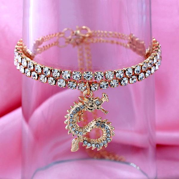

anklets just feel bling dragon rhinestone pendant anklet for women gold silver color crystal tennis chain bracelet foot jewelry, Red;blue