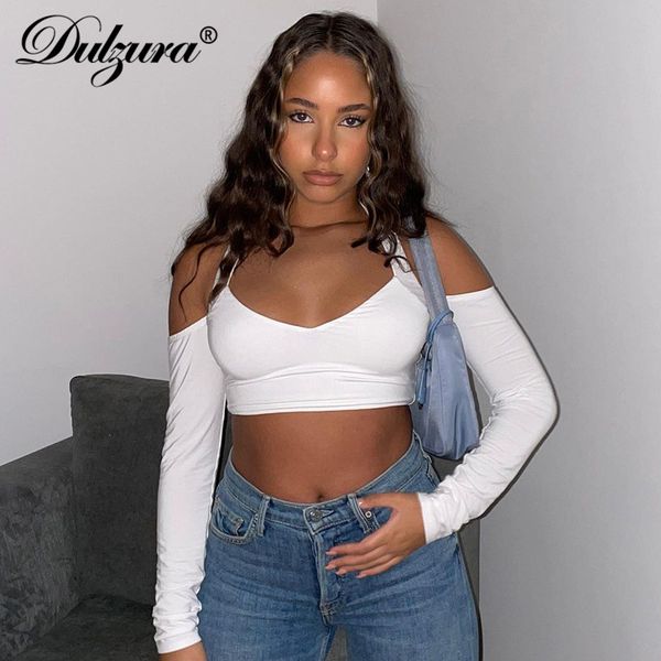 

solid women long sleeve crop t shirt halter baless off shoulder elegant party streetwear 2021 autumn winter club, Black;white