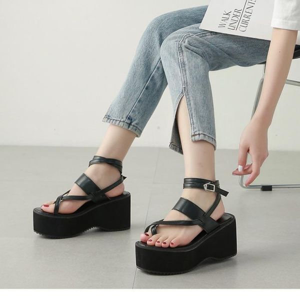 

sandals summer 2021 high heel wedges platform roman shoe leisure style college student women's shoes, Black