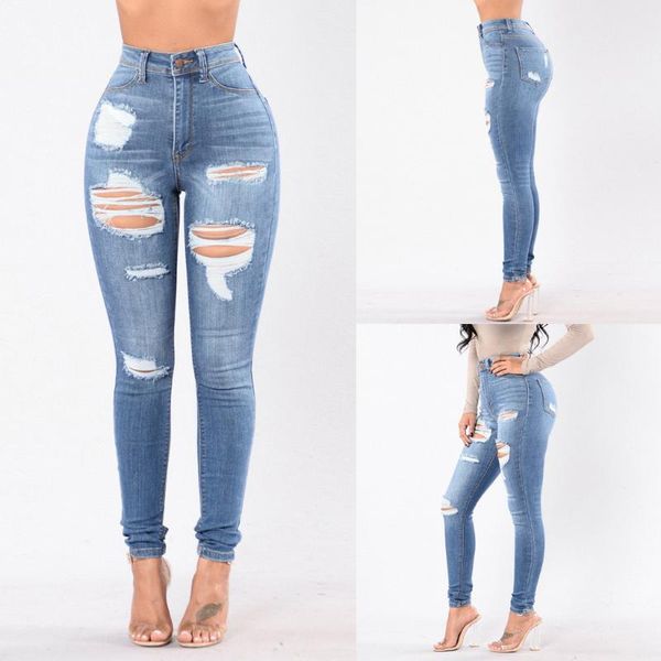 

women's jeans ripped hole fashion women high waist skinny pencil blue denim pants washed beached stretch elastic