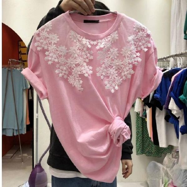 

women's t-shirt summer fahion lace spliced t shirt for women casual o-neck solid tee ropa mujer 2021 loose simple short sleeve woman, White