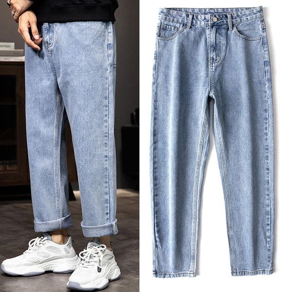 

men's jeans trendy denim loose straight casual nine-point fashion pants, Blue