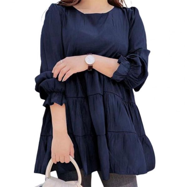 

women's blouses & shirts women o-neck blouse puff long sleeve soft spliced pleated solid color summer shirt pulloverÂ breathable to wear, White
