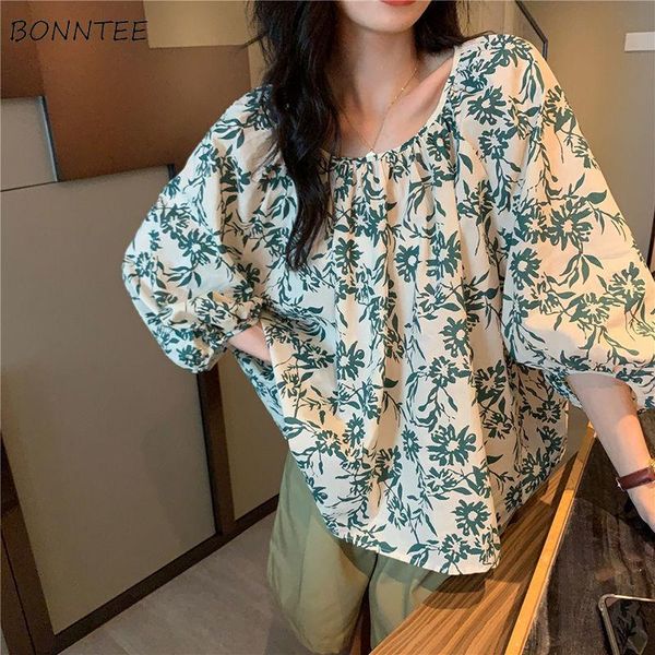 

women's tracksuits women sets green trendy printing students simple floral loose puff sleeve summer leisure lady elastic waist all-matc, Gray