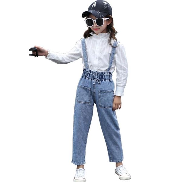 

jumpsuits 3t-14t big girls denim overalls autumn jeans for clothing pants casual teenage children wear rompers, Blue