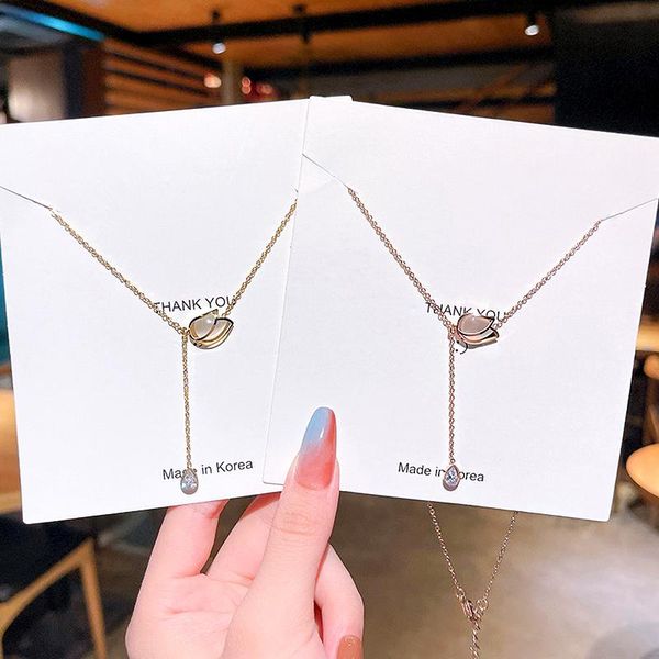 

pendant necklaces trendy 316l stainless steel opal rose flower chain necklace for women girl korean fashion jewelry shiny zircon party, Silver