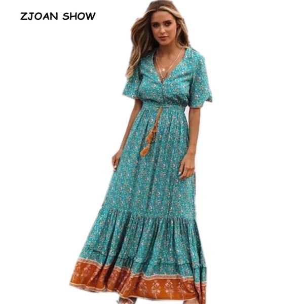 Verão Bohemian Spliced ​​Lace Floral Impressão Mulheres Dress Dress Holiday Lacing Up Short Manga Curta Tornod Comprimento Beach Vestidos 210429