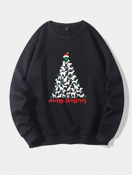 

plus christmas print thermal lined sweatshirt x98a#, Black