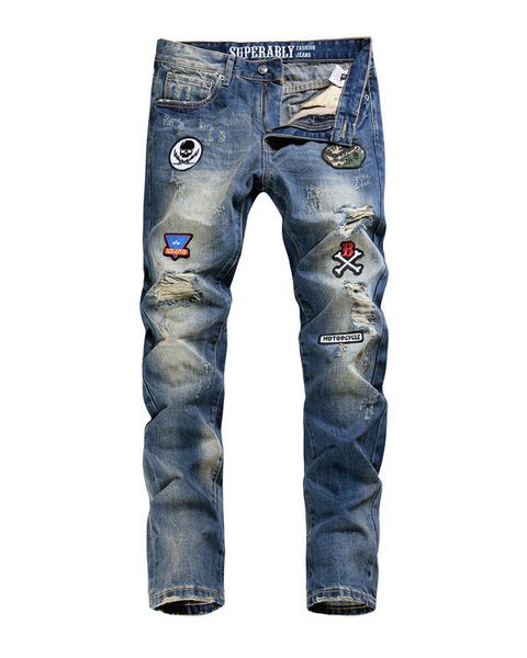 

street fashion superably new arrival authentic trend men pants jeans straight leisure mid waist men's trousers, Blue