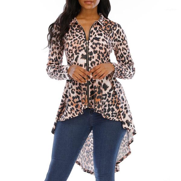 

women's blouses & shirts 2021 brand casual zipper up blouse long shirt ladies irregular leopard print high low tuxedo and d30, White