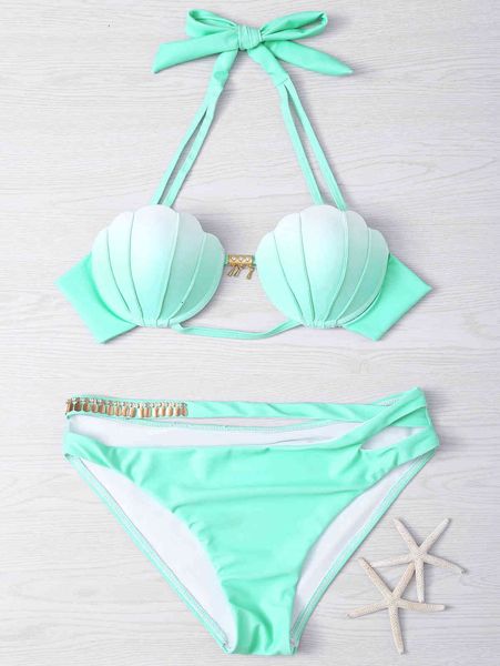 

women's bikini swimwear mermaid i color gradient shell steel ring, White;black