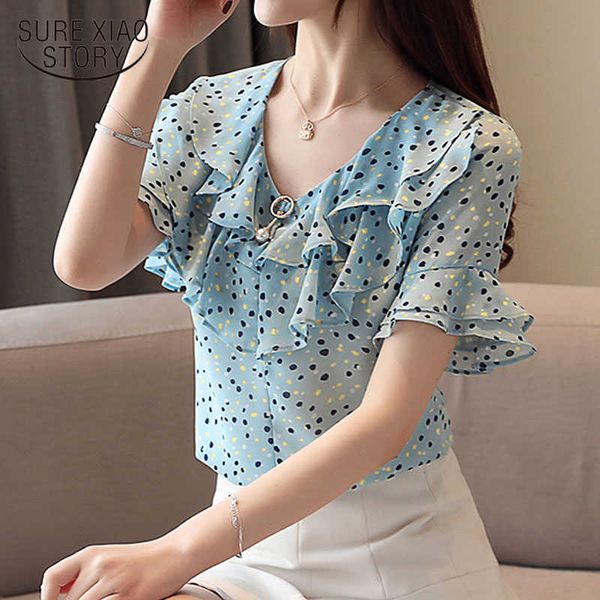 

korean short sleeve women blouse dot red blue white pink v collar chiffon female shirt office casual loose women blouse 4938 50 210527