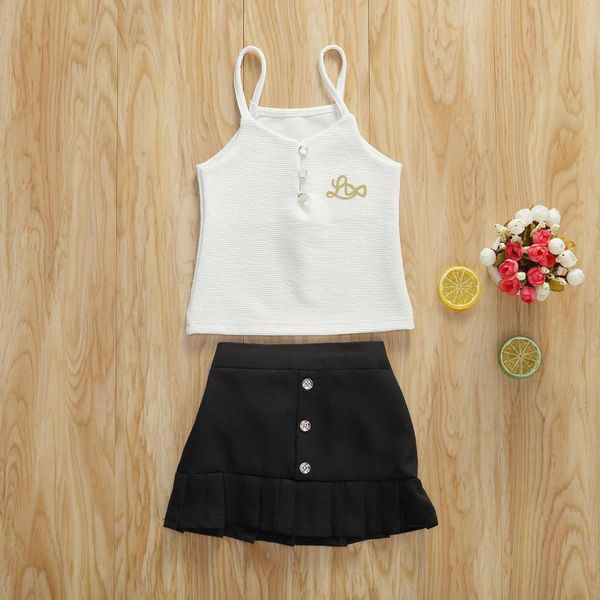 

kid girl two-piece set toddler baby girls summer clothes sets button sleeveless strap + ruffle skirts causal outfits clothing, White