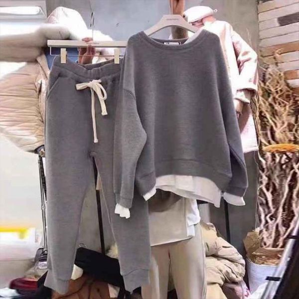 

two paper split joint loose womenpant sweater piece set suit casual tracksuit hoodies and sweatpants streetwear, White
