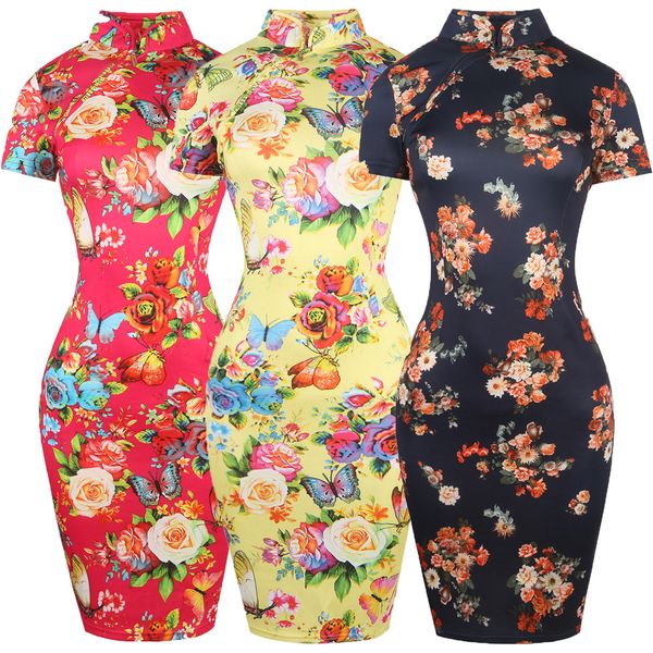 

luxury cheongsam good quality stand collar print elastic hip wrap cheongsam pencil drs, Blue;red
