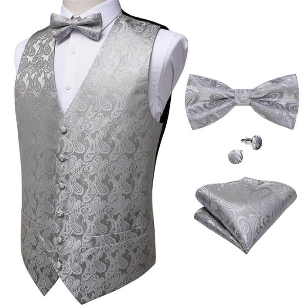 

men's vests barry.wang classic party wedding paisley floral silver waistcoat vest pocket square bow tie cufflinks suit set dibangu, Black;white