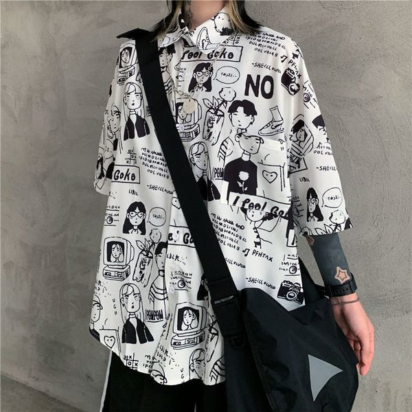 

2021 spring summer anime print vintage short sleeve blouses korean hong kong style retro women button up shirt harajuku fashion, Black