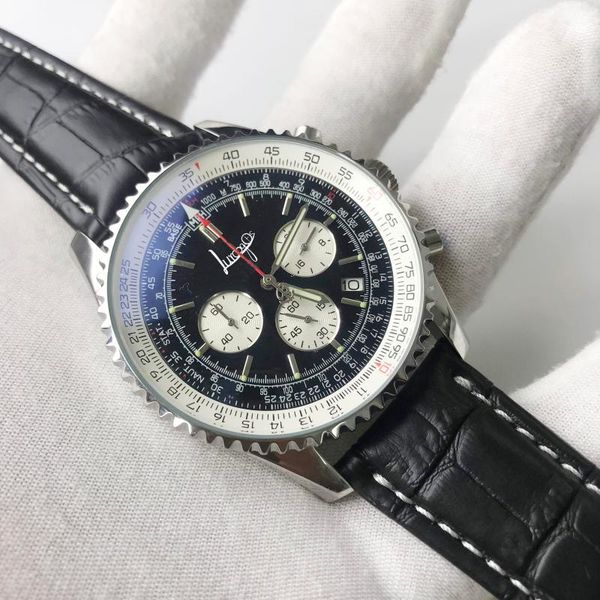 

wristwatches luxury watch men 1884 46mm quartz sapphire glass all sub dials working leather strap, Slivery;brown