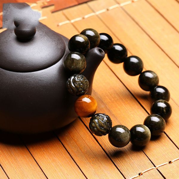 

fashion design bracelet natural mexican gold obsidian double ball leather hugh men's and women's crystal, Golden;silver
