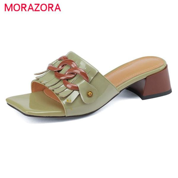 

slippers morazora patent leather slipper women shoes chain tassel square heel casual comfortable fashion woman, Black