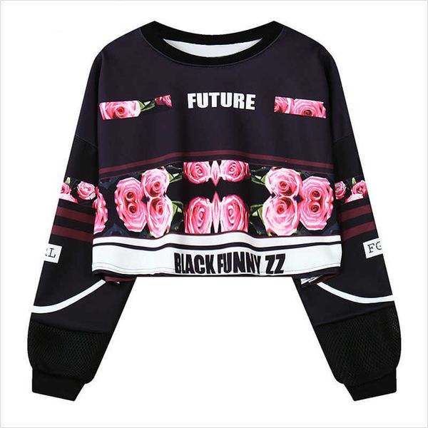 

merry pretty women crop hoodies autumn long sleeve o-neck short pullovers for femme rose print harajuku sweatshirt 210526, Black