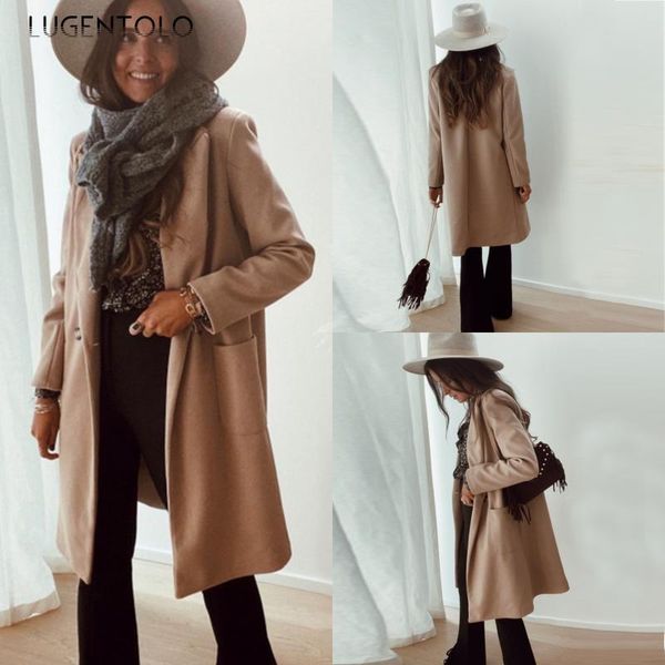 

women's wool & blends lugentolo women autumn winter coat loose temperament double-sided coats solid jackets lady elegant long, Black