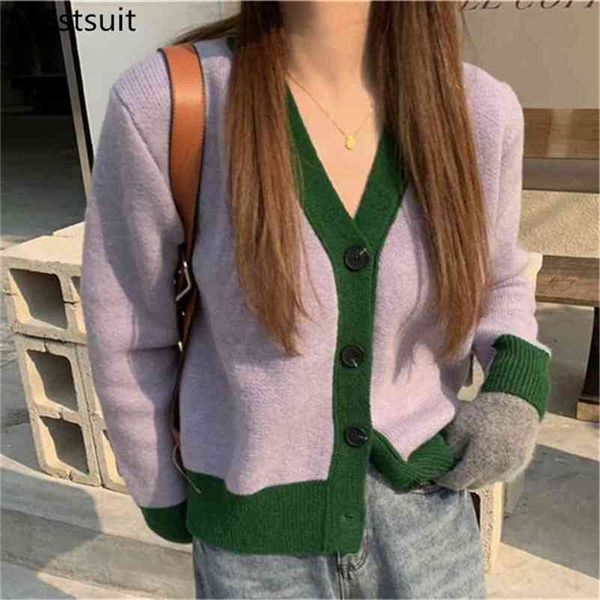

color-blocked knitted women cardigan sweater full sleeve v-neck single-breasted vintage fashion korean ladies jumpers 210513, White;black