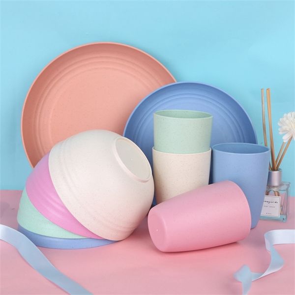 

16 piece of wheat straw plate, tableware household bowl, cup and plate set printable gift