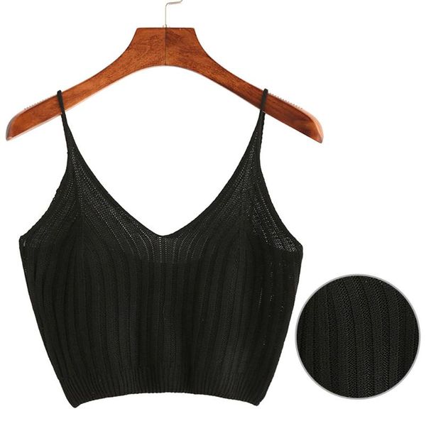 

camisoles & tanks women knitted crop sleeveless vest slim sling tank v-neck plain camisole high elastic camis, Black;white