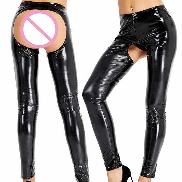 

black open crotch womens pants leggings lingerie wet look patent leather butt skinny stretchy legging trousers, Black;white