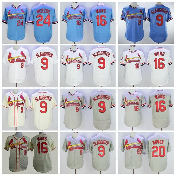 

1985 vintage baseball 9 enos slaughter retro jersey 16 kolten wong 20 lou brock 24 whitey herzog pullover blue white grey beige flexbase coo, Blue;black
