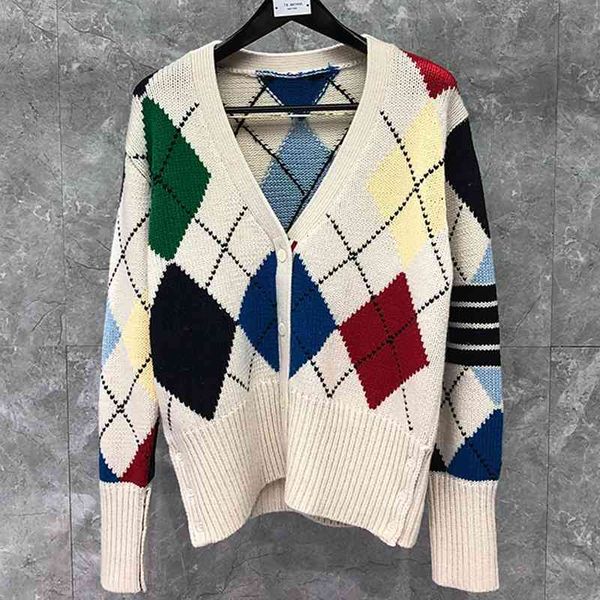 

hoodies fashion tb thom brand sweaters men women slim cardigans clothing thick argyle white v-ncek wool autumn winter casual coat, Black