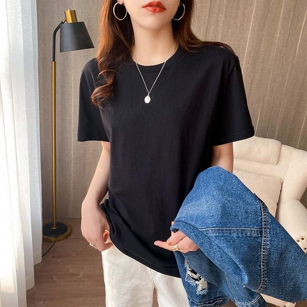 

women's t-shirt 100% summer combed cotton solid short sleeve with lover's round neck bottom shirt, loose and thin, White