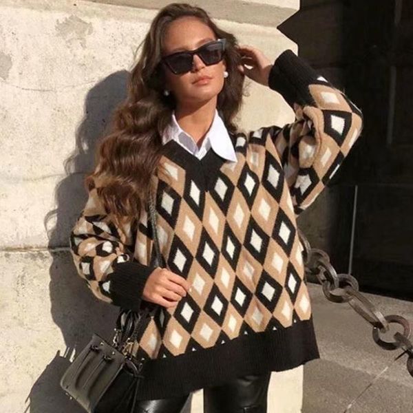 

women's sweaters elegant women diamond pattern 2021 fashion ladies v-neck knitted sweater female oversize knitwear girls chic pullovers, White;black