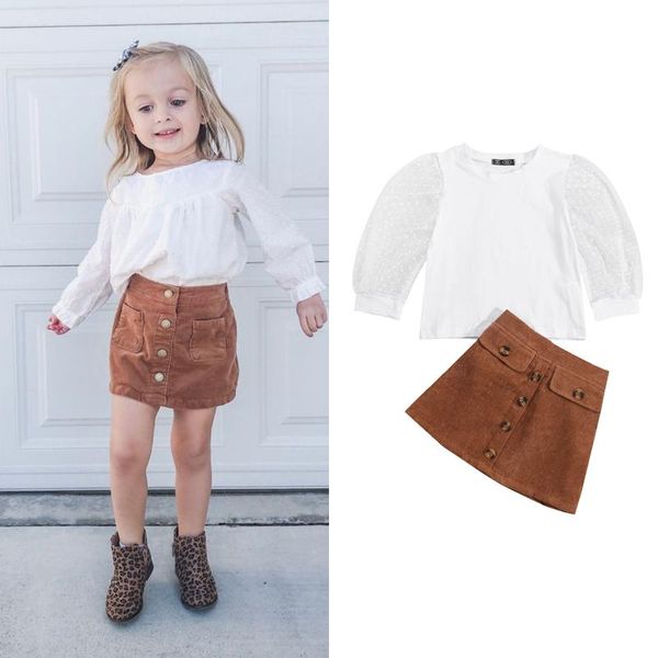 

clothing sets focusnorm 1-6y autumn fashion kids girls clothes dot mesh long puff sleeve t shirts solid button a-line skirts, White