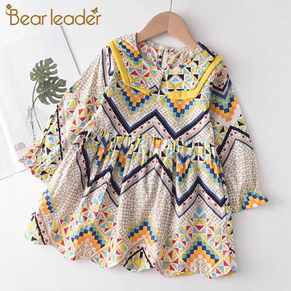 

bear leader girls casual sweet dresses autumn girl geometric pattern dress kids baby retro party costumes children suit 210708, Red;yellow