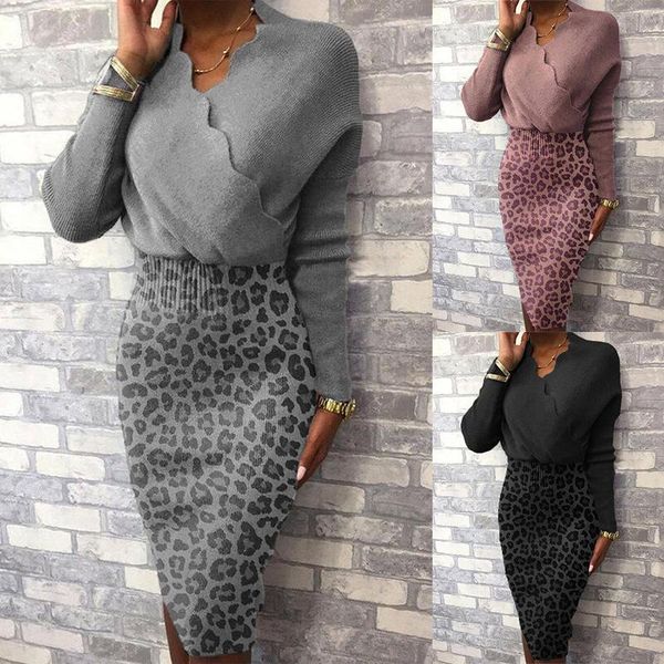 

explosive autumn and winter women's fashion leopard print stitching long sleeve bag hip high waist dress casual dresses, Black;gray