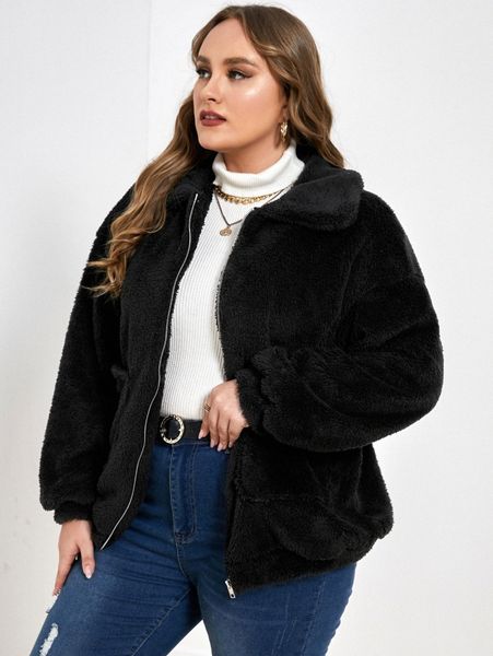 

plus dual pocket drop shoulder zip up flannel jacket 44yj#, Black