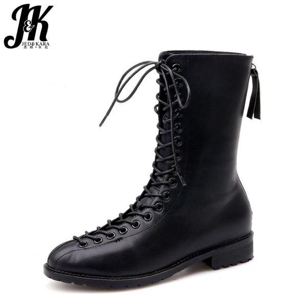 

boots jk 2021 autumn women cross tied pointed toe footwear genuine leather zipper flat sole fashion female shoes, Black
