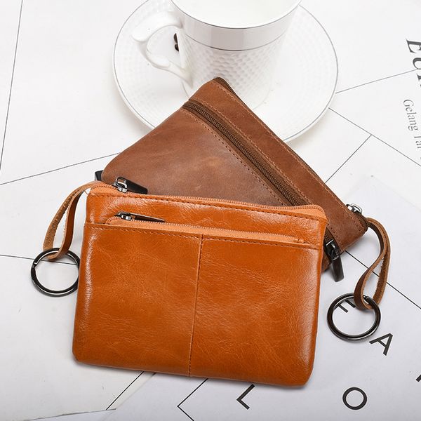 

female short cowhide zipper mini wallet retro male leather coin purse wallets men coin purses card, Red;black