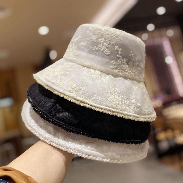 

hat female korean casual wild lace embroidery fisherman summer thin elegant jewelry wide brim hats, Blue;gray