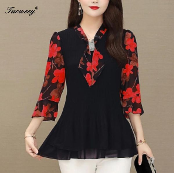 

summer autumn style women chiffon blouse shirts casual button loose elegant bow collar 3/4 sleeve floral print blusas women's blouses, White
