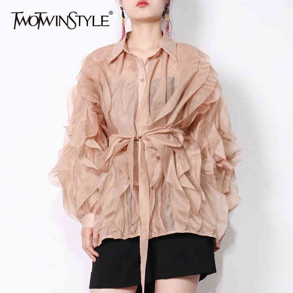 

patchwork ruffle thin shirt for women lapel long sleeve sashes casual loose blouse female fashion spring 210524, White