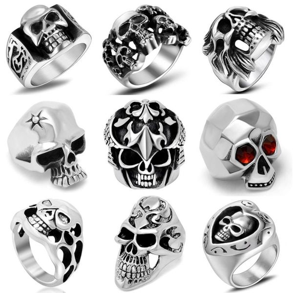 

cluster rings punk rock men stainless steel skull ring gothic handmade polish skeleton vintage jewelry gift for boyfriend, Golden;silver