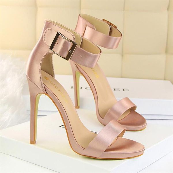 

dress shoes plus size 43 women classic satin 11cm high heels fetish silk sandals female gladiator summer lady green pumps, Black