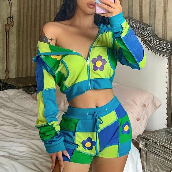 

women's tracksuits women two piece sets long sleeve patchwork crop navel hoodie and elastic waist shorts aesthetic suits grunge clothes, Gray