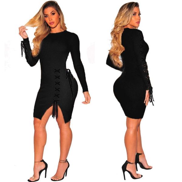 

casual dresses autumn dress women split long sleeve knitted plus size paddy pencil, Black;gray